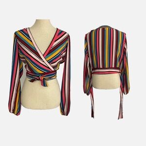Guess Crop Top Striped Blouse Size Medium Waist tie Multicoloured Spring Retro